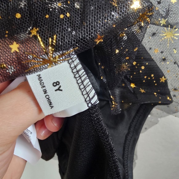 Girls Black Gold Star Celestial Mesh Puff Sleeve Party Dress Size 8Y - Picture 2 of 3